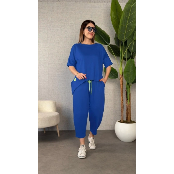 Kadın Kısa Kollu Bisiklet Yaka Viskon Iki Iplik Bluz Ve Pantolon Ikili Takım