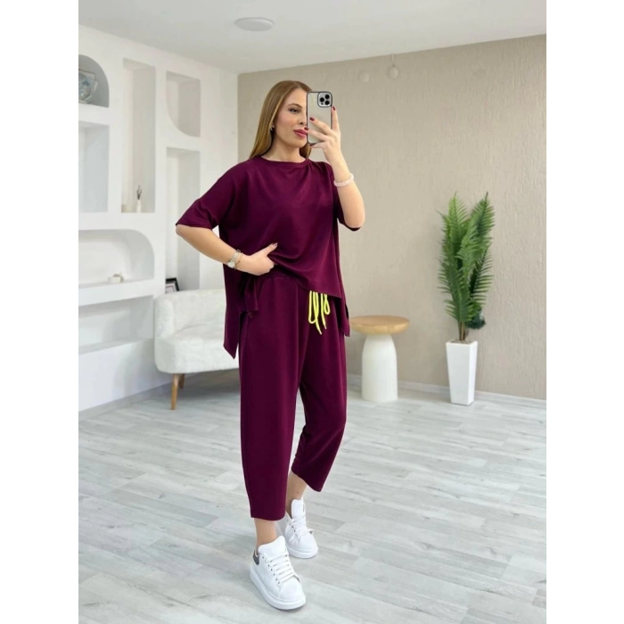 Kadın Kısa Kollu Bisiklet Yaka Viskon Iki Iplik Bluz Ve Pantolon Ikili Takım