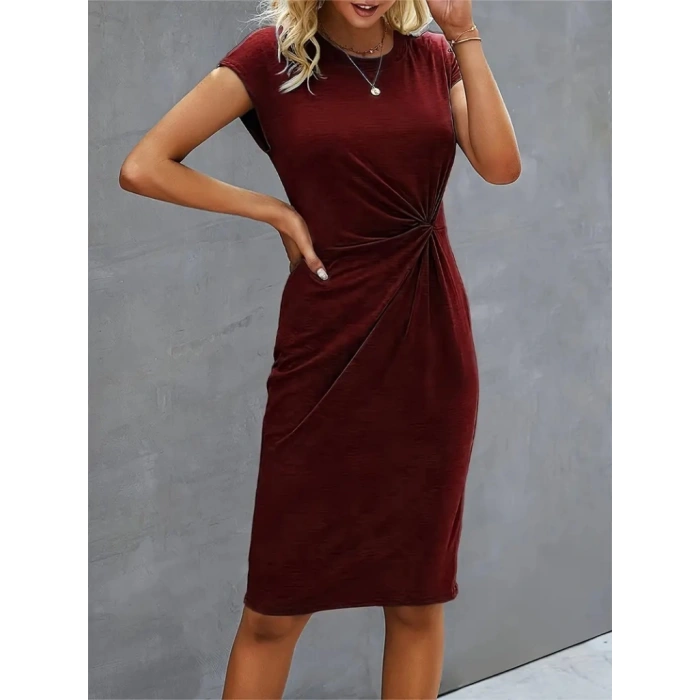 Kadın Kısa Kollu Bisiklet Yaka Yandan Büzgülü Midi Viskon Elbise