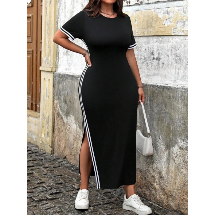 Kadın Kısa Kollu Bisiklet Yaka Yandan şerit Ve Yırtmaçlı Viskon Iki Iplik Elbise