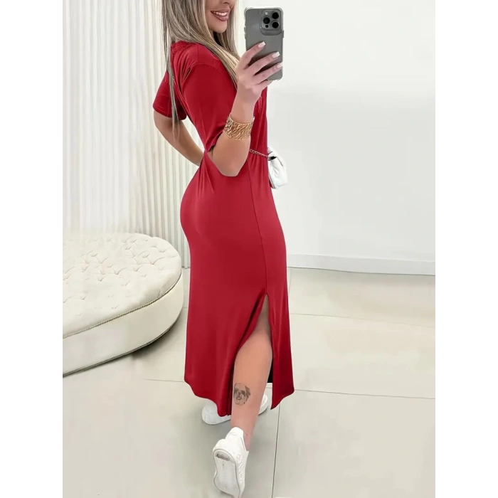 Kadın Kısa Kollu Bisiklet Yaka Yandan Yırtmaçlı Viskon Elbise