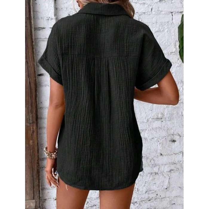 Kadın Kısa Kollu Cep Detay Müslin Kumaş Gömlek