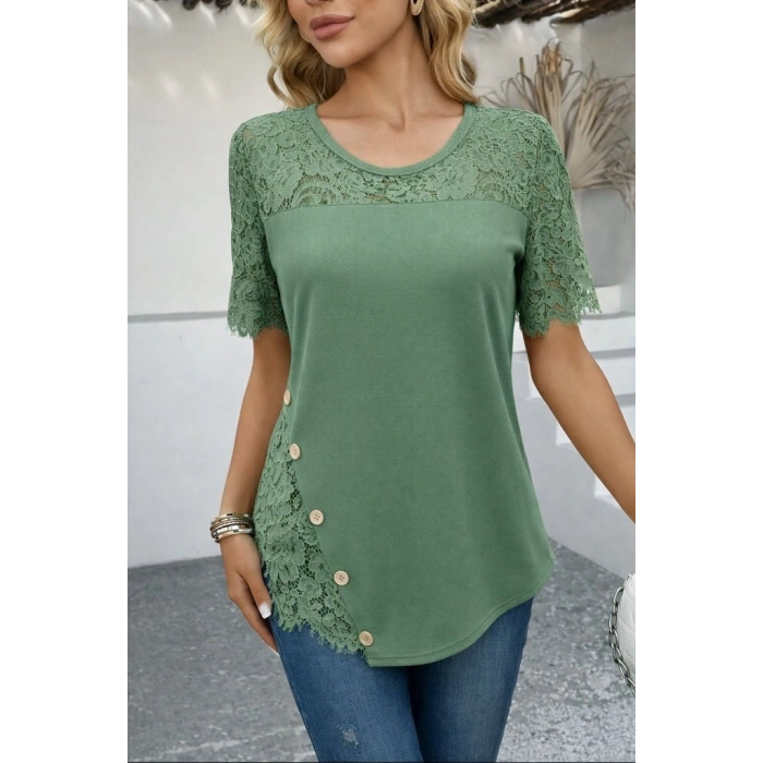 Kadın Kısa Kollu Dantel Detaylı Yandan Düğmeli Waffle Bluz