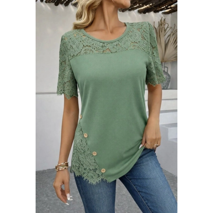 Kadın Kısa Kollu Dantel Detaylı Yandan Düğmeli Waffle Bluz