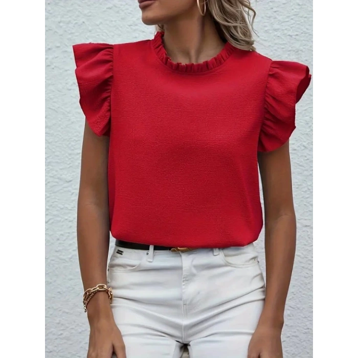 Kadın Kısa Kollu Fırfır Yakalı Bürümcük Bluz