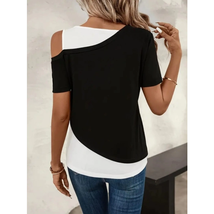 Kadın Kısa Kollu Geometrik Kesin Detaylı çift Renkli Viskon Bluz
