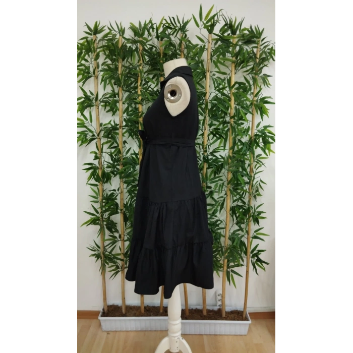 Kadın Kısa Kollu Gömlek Yaka Düğmeli Beli Kuşaklı Katlı Dokuma Midi Elbise