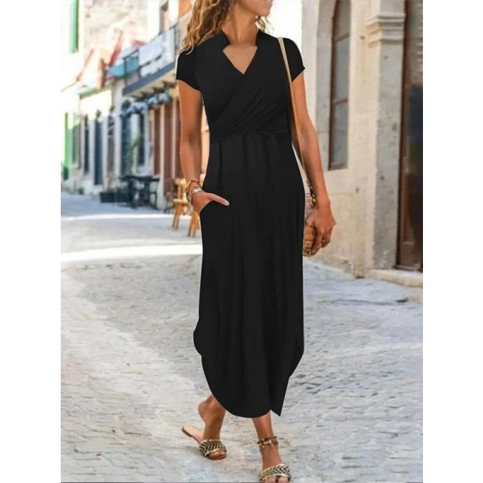 Kadın Kısa Kollu Hakim V Yaka Viskon Elbise