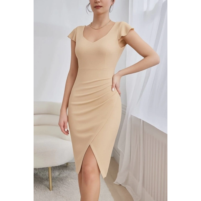 Kadın Kısa Kollu Kalp Yaka Yanlardan Büzgü Detay Midi Ithal Krep Elbise