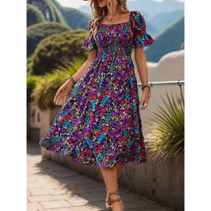 Kadın Kısa Kollu Kare Yakalı Beli Lastikli çiçek Desenli Mini Süprem Elbise