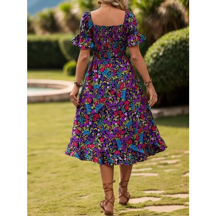 Kadın Kısa Kollu Kare Yakalı Beli Lastikli çiçek Desenli Mini Süprem Elbise