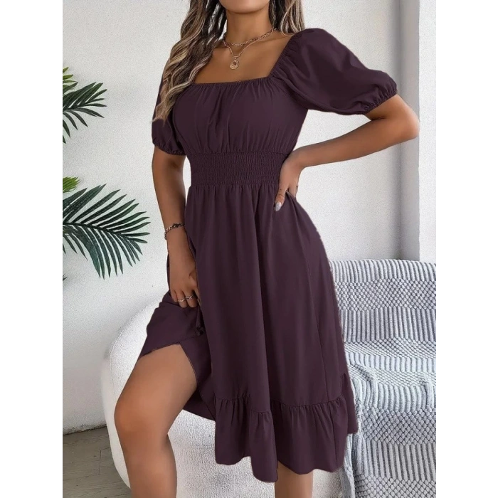 Kadın Kısa Kollu Kare Yakalı Beli Lastikli Kısa Trikoton Elbise