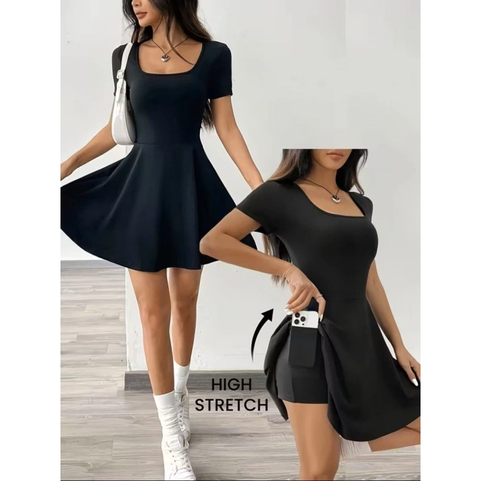 Kadın Kısa Kollu Kare Yakalı Cep Detaylı Dalgıç Elbise Tulum