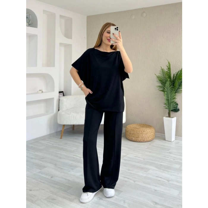 Kadın Kısa Kollu Kayık Yakalı Dikiş Izi Detaylı Viskon Iki Iplik Bluz Ve Pantolon Ikili Takım