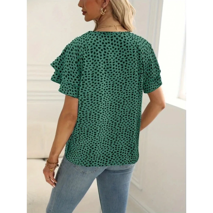 Kadın Kısa Kollu Kolları Volanlı Baskılı Süprem Bluz