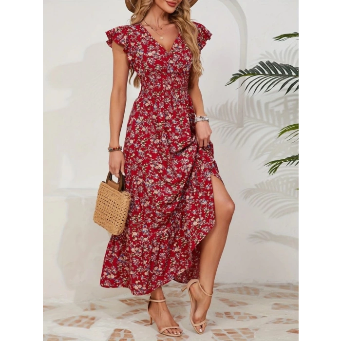 Kadın Kısa Kollu Kruvaze Yaka Beli Lastikli çiçek Desenli Elbise