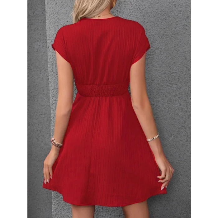 Kadın Kısa Kollu Kruvaze Yakalı Beli Lastikli Bürümcük Elbise