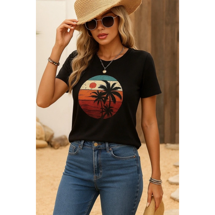 Kadın Kısa Kollu Palmiye Baskılı Viskon T-shirt