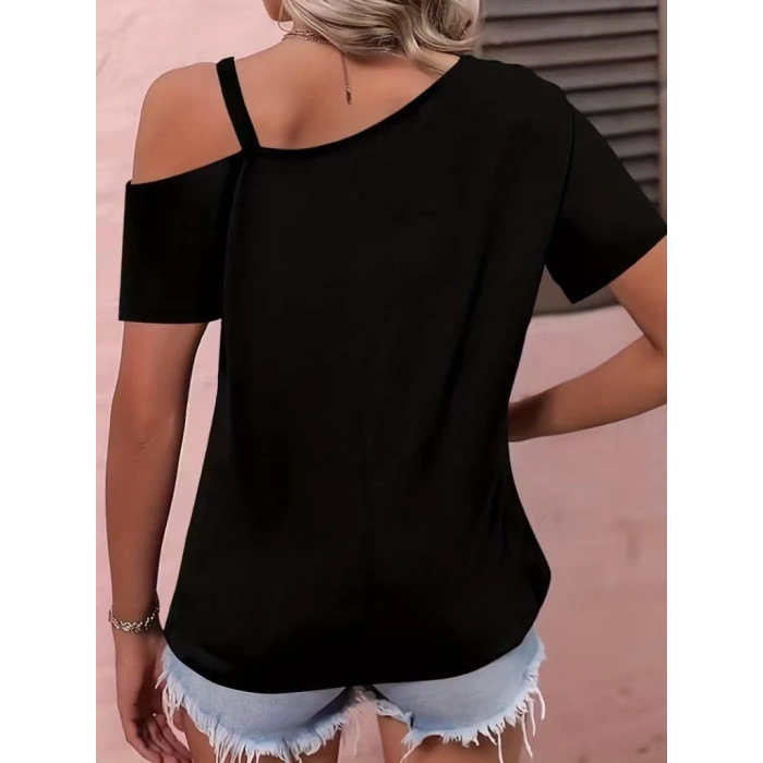 Kadın Kısa Kollu Tek Askı Detaylı Tokalı Viskon Bluz