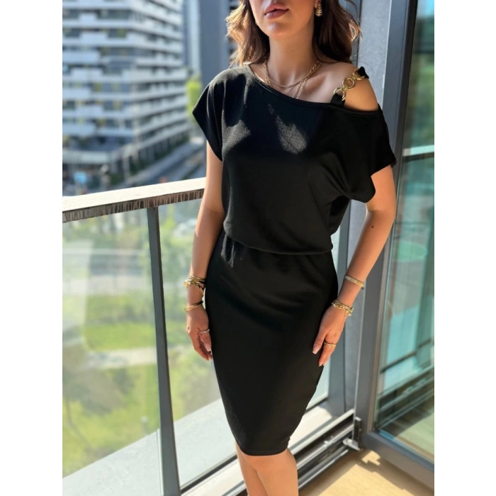 Kadın Kısa Kollu Tek Omuz Askı Ve Aksesuar Detay Beli Lastikli Krep Elbise