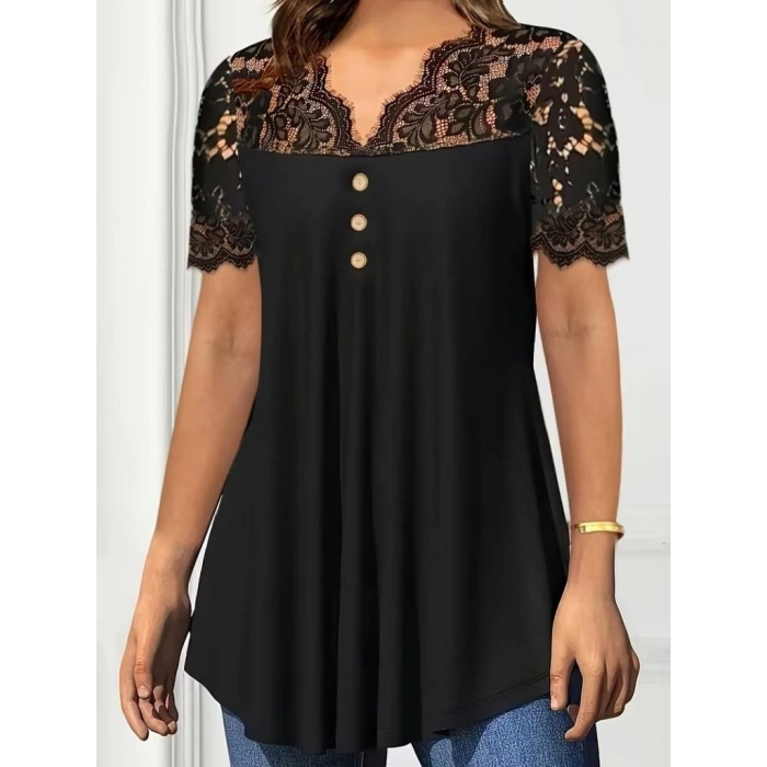 Kadın Kısa Kollu V Dantel Yakalı Düğmeli Viskon Bluz