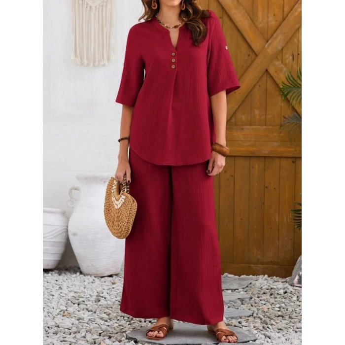Kadın Kısa Kollu V Hakim Yaka Düğmeli Bürümcük Bluz Ve Pantolon Ikili Takım
