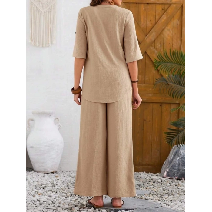 Kadın Kısa Kollu V Hakim Yaka Düğmeli Bürümcük Bluz Ve Pantolon Ikili Takım