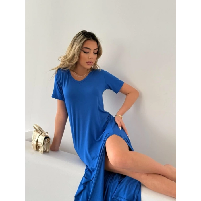 Kadın Kısa Kollu V Yaka Maxi Boy Elbise 124 Cm