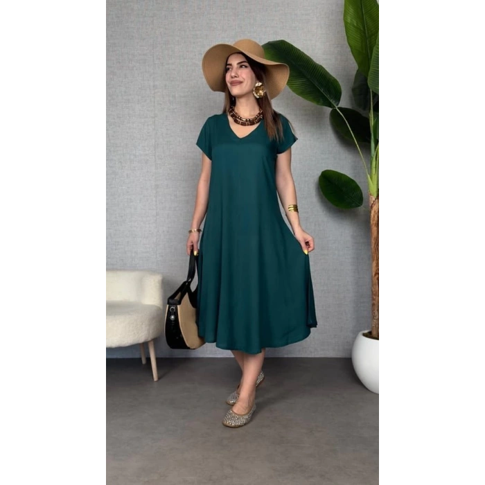 Kadın Kısa Kollu V Yaka Salaş Maxi Boy Elbise