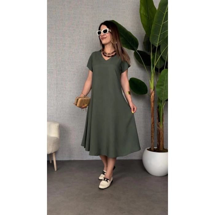 Kadın Kısa Kollu V Yaka Salaş Maxi Boy Elbise