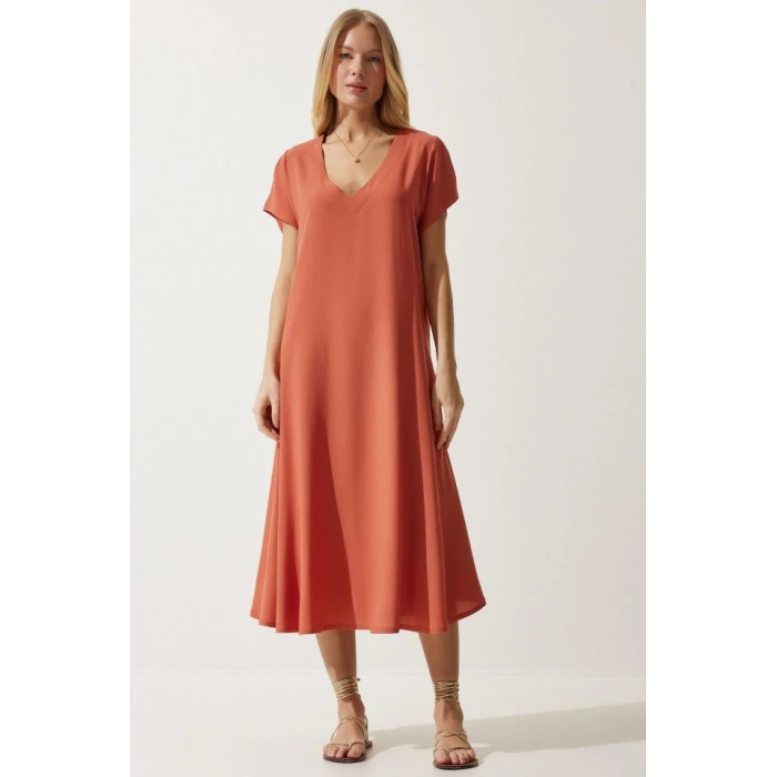 Kadın Kısa Kollu V Yaka Salaş Maxi Boy Elbise