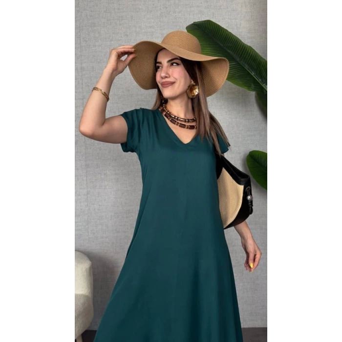 Kadın Kısa Kollu V Yaka Salaş Maxi Boy Elbise