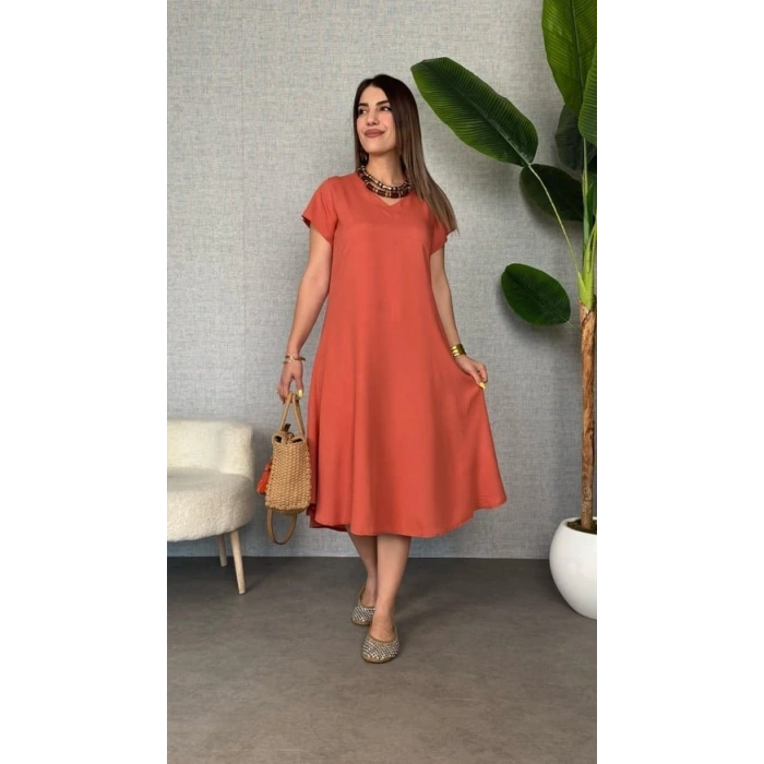 Kadın Kısa Kollu V Yaka Salaş Maxi Boy Elbise