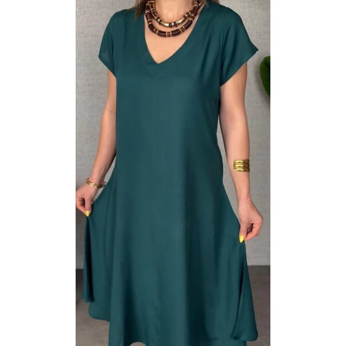 Kadın Kısa Kollu V Yaka Salaş Maxi Boy Elbise