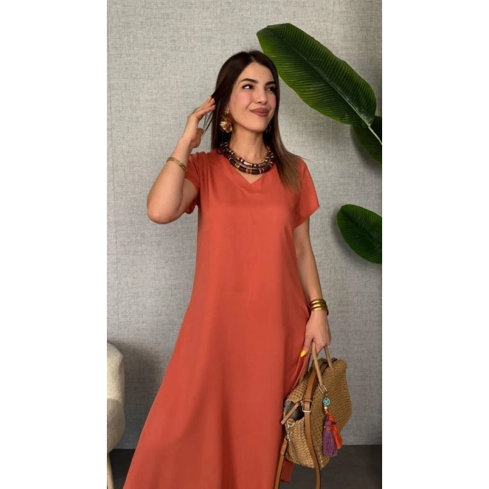 Kadın Kısa Kollu V Yaka Salaş Maxi Boy Elbise