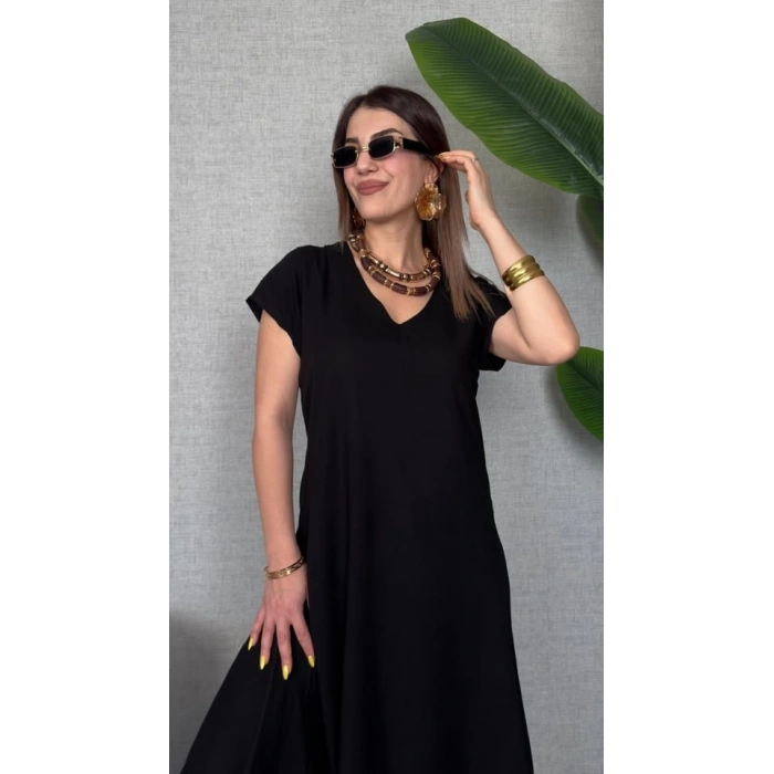 Kadın Kısa Kollu V Yaka Salaş Maxi Boy Elbise