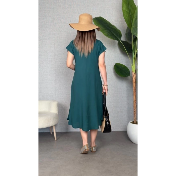 Kadın Kısa Kollu V Yaka Salaş Maxi Boy Elbise