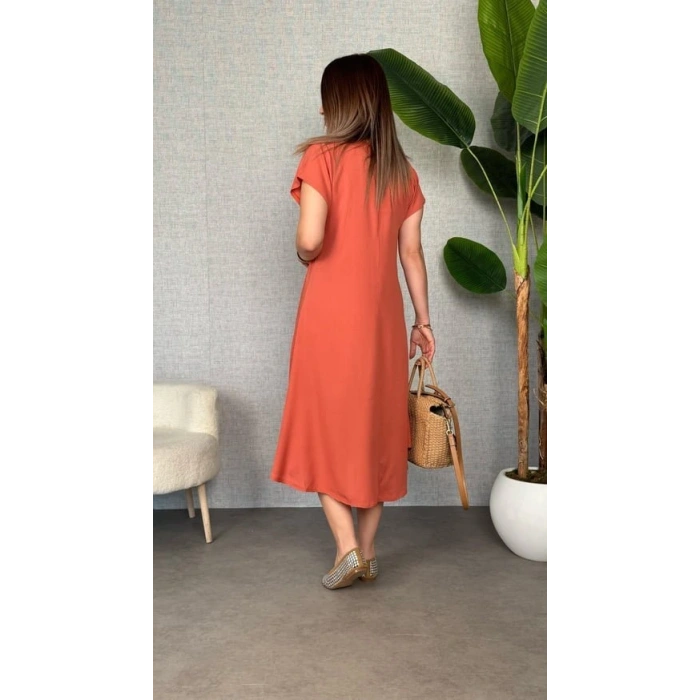 Kadın Kısa Kollu V Yaka Salaş Maxi Boy Elbise