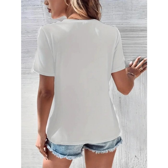 Kadın Kısa Kollu V Yaka şerit Detay Viskon Bluz