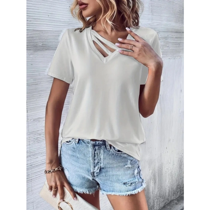 Kadın Kısa Kollu V Yaka şerit Detay Viskon Bluz