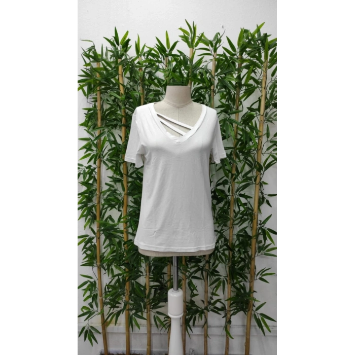 Kadın Kısa Kollu V Yaka şerit Detay Viskon Bluz