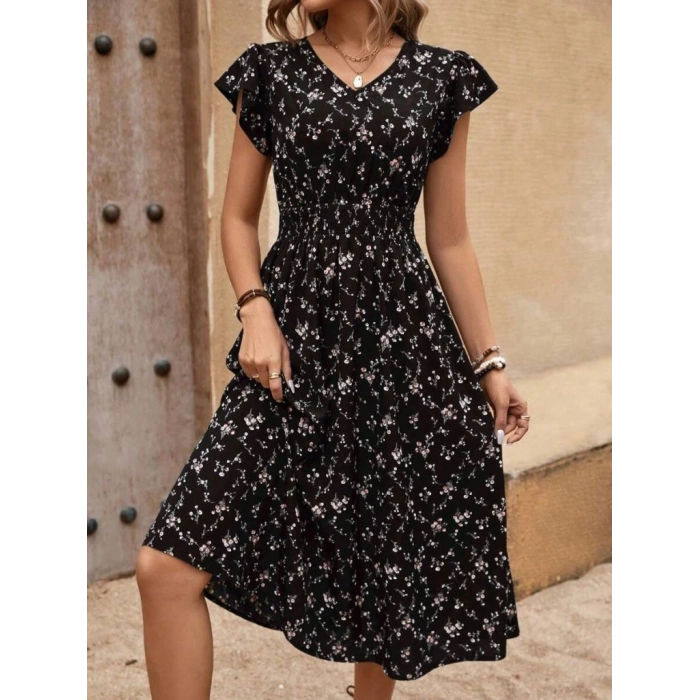 Kadın Kısa Kollu V Yakalı Beli Lastikli çiçek Desenli Süprem Elbise