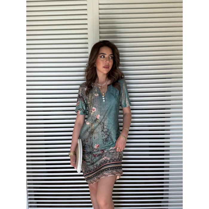 Kadın Kısa Kollu V Yakalı çiçek Baskılı Midi Süprem Elbise