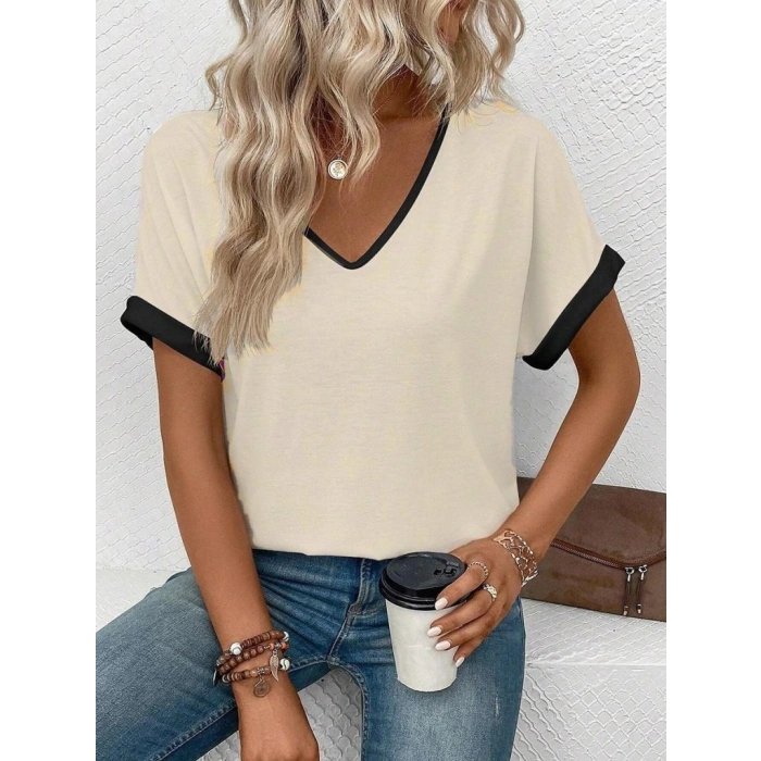Kadın Kısa Kollu V Yakalı çift Renkli Viskon Bluz