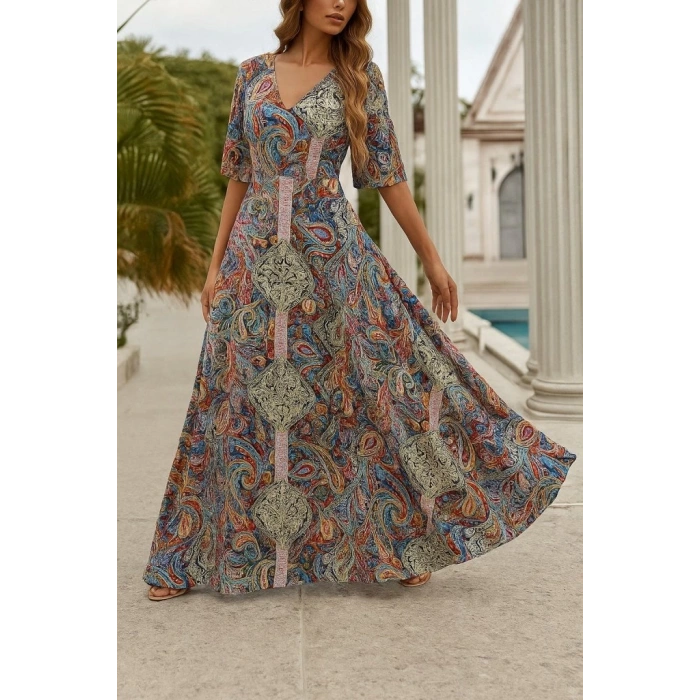 Kadın Kısa Kollu V Yakalı Desenli Süprem Elbise