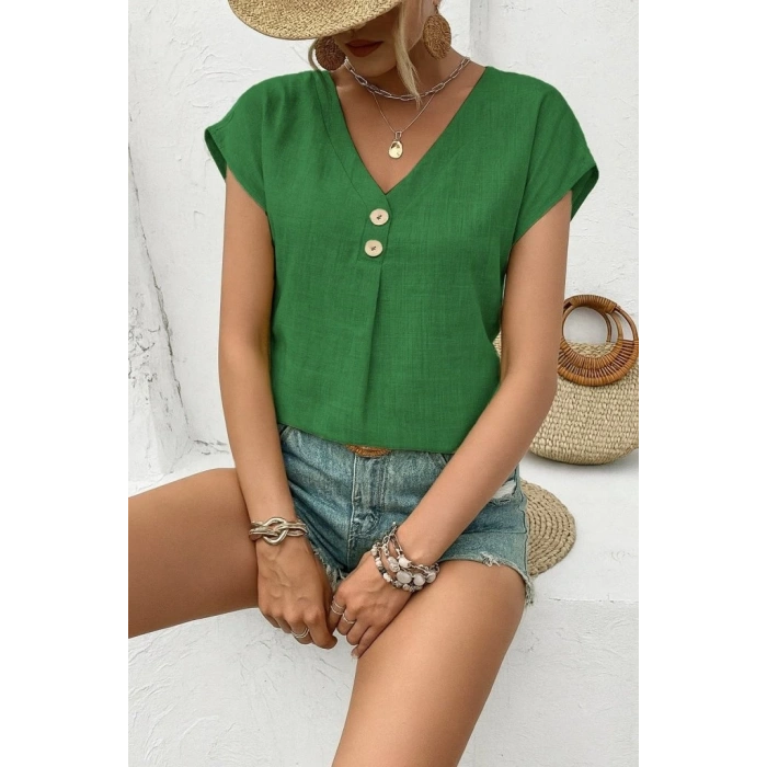 Kadın Kısa Kollu V Yakalı Düğmeli Keten Bluz