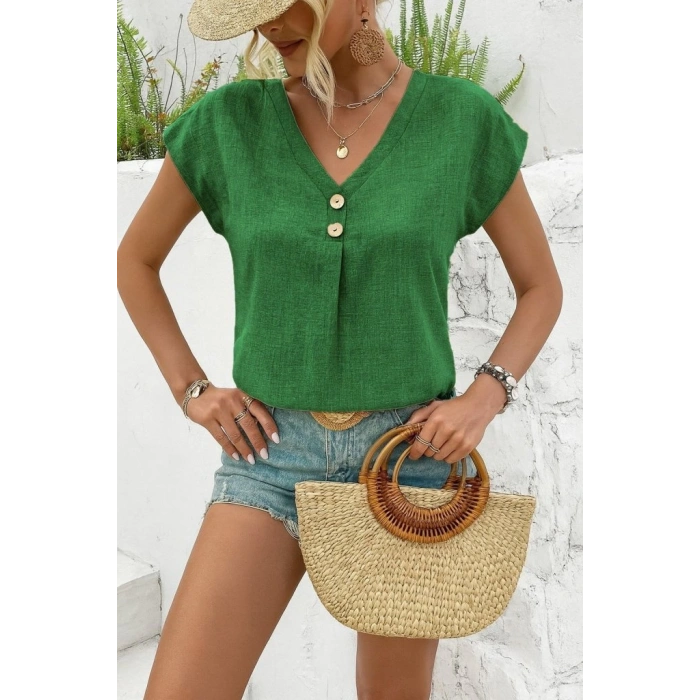 Kadın Kısa Kollu V Yakalı Düğmeli Keten Bluz