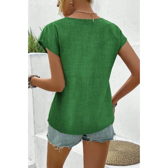 Kadın Kısa Kollu V Yakalı Düğmeli Keten Bluz