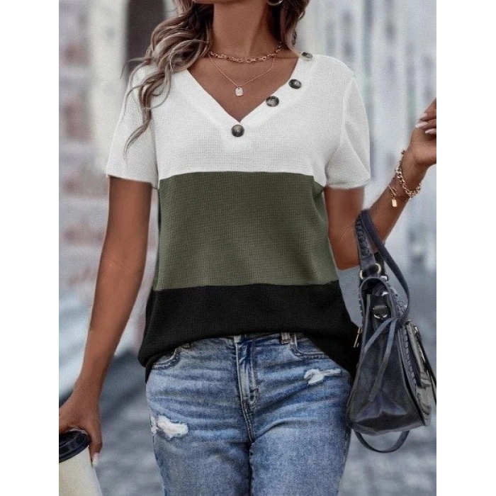 Kadın Kısa Kollu V Yakalı Düğmeli Waffle Bluz
