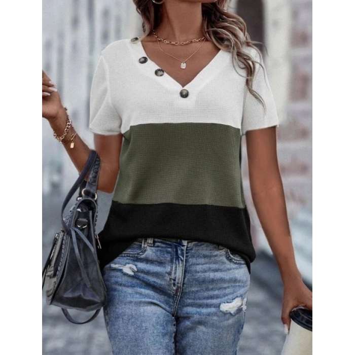 Kadın Kısa Kollu V Yakalı Düğmeli Waffle Bluz